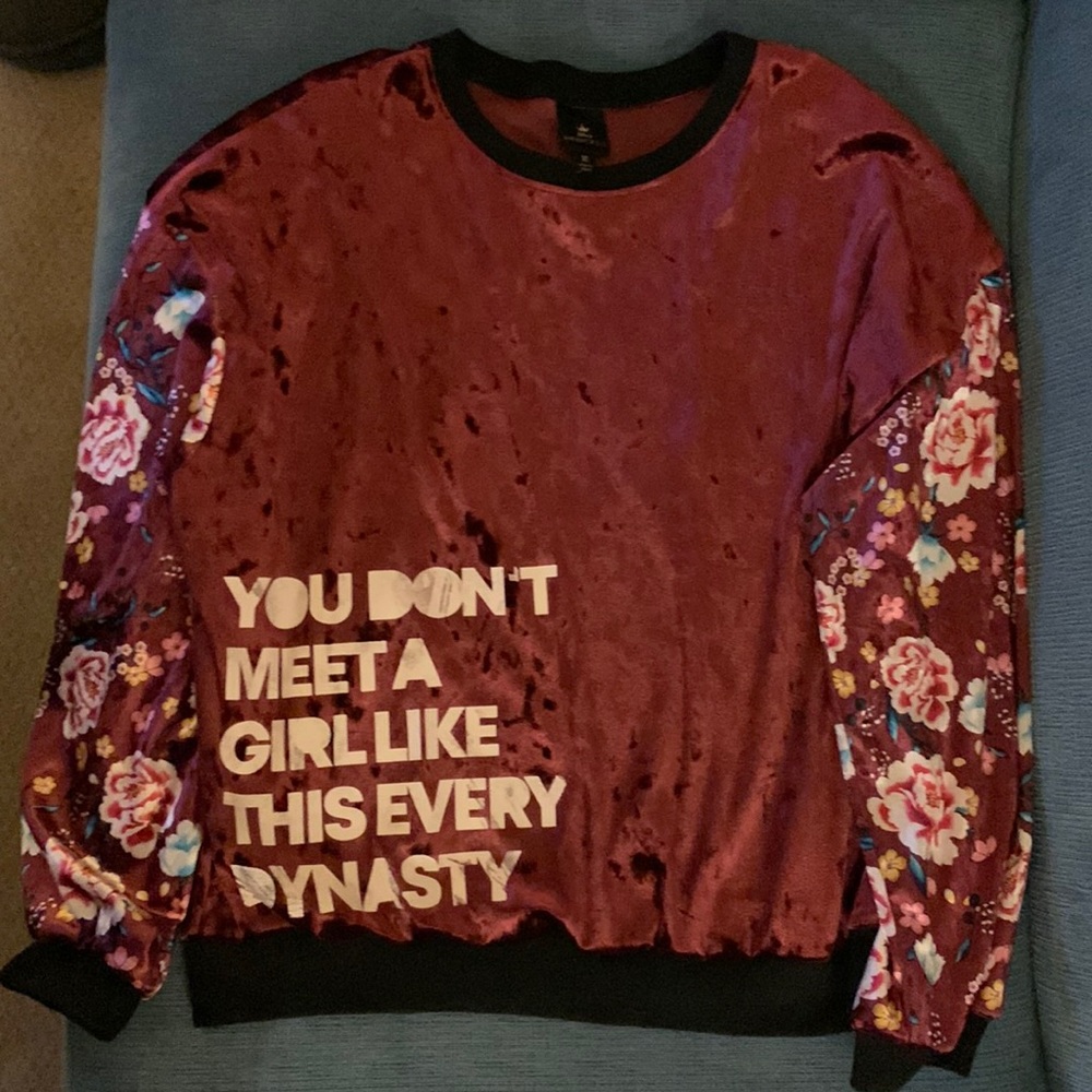 Mulan themed velvet crewneck with floral sleeves- like new condition